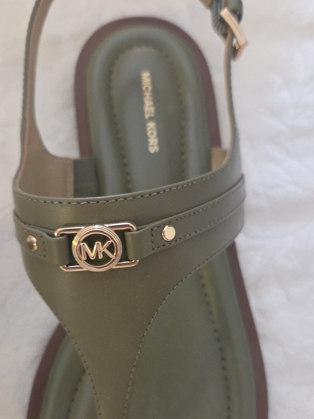 Michael Kors Olive Green Leather T-Strap Sandals with Gold MK Accent